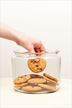 Close-up studio shot of male hand reaching for cookies in jar. Photo : Elena Elisseeva