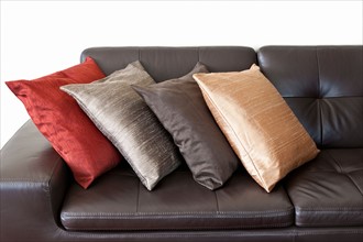 Close-up studio shot of leather sofa and cushions. Photo : Elena Elisseeva