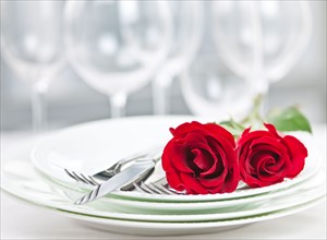 Dishes and cutlery prepared for meal decorated with red roses. Photo : Elena Elisseeva