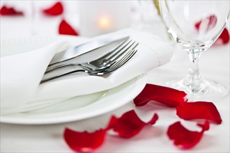 Dishes and cutlery prepared for meal decorated with red roses. Photo : Elena Elisseeva