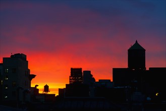 USA, New York City, Skyline at sunset.