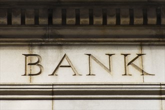 USA, New York City, Detail of bank building.