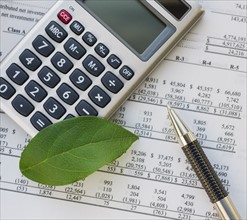 Calculator with spreadsheet and green leaf.