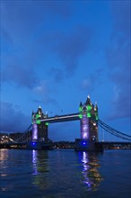 UK, England, London, Tower Bridge at dusk.