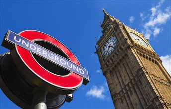 UK, England, London, Big Ben and underground sign.
