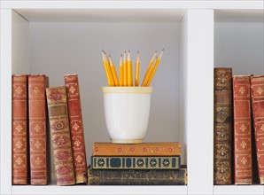 Close up of books and pencils on shelf, studio shot. 
Photo: Daniel Grill