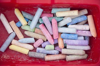 Mix of colorful chalk in box. 
Photo : Kristin Lee