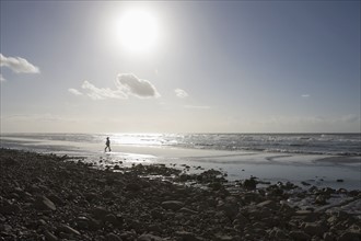 France, Pas-de-Calais, Escalles, Lonely walker on beach. 
Photo : Jan Scherders