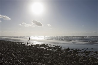 France, Pas-de-Calais, Escalles, Lonely walker on beach. 
Photo: Jan Scherders