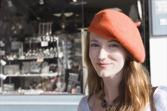 France, Pas-de-Calais, Escalles, Portrait of young woman in red beret. 
Photo: Jan Scherders