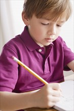 Schoolboy focused on writing in classroom. 
Photo : Rob Lewine
