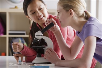 Teenage girls (14-15) working with microscope. 
Photo : Rob Lewine