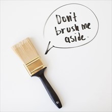 Paint brush with text in speech bubble, studio shot. 
Photo: Jessica Peterson