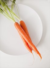 Carrots on plate, studio shot. 
Photo : Jessica Peterson