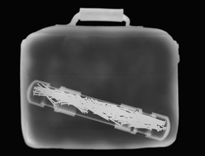 X-ray image showing handbag containing test tube with germs. 
Photo : Calysta Images
