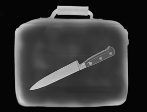 X-ray image showing briefcase containing knife. 
Photo: Calysta Images