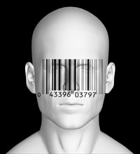 Conceptual image of anthropomorphic figure with bar code. 
Photo: Calysta Images