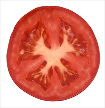 Half of tomato on white background. 
Photo: Calysta Images