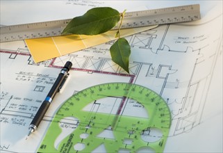 Studio shot of blueprint, rulers and green leaf.