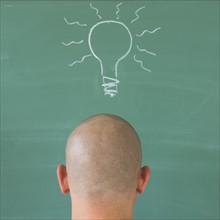 Man in front of blackboard with drawing depicting Lightbulb.