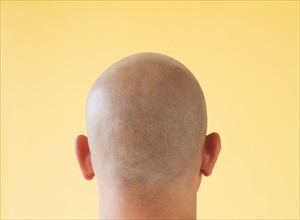 Studio shot of man's shaved head.