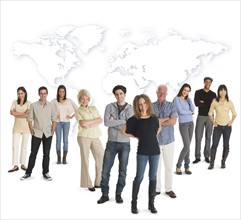 Multi-racial mixed race group of people posing together, world map in background.