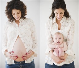 Multiple image of pregnant woman next to mother with baby boy (2-5 months). Photo: Jamie Grill