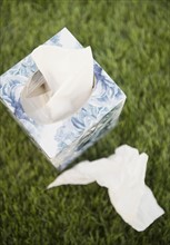 Tissue box and tissues on green grass. Photo: Jamie Grill