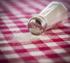 Salt shaker on checked tablecloth. Photo : Daniel Grill