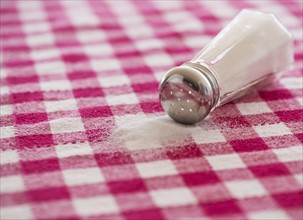 Salt shaker on checked tablecloth. Photo: Daniel Grill
