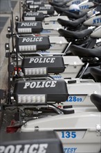 USA, New York City, Row of police motorbikes. Photo: fotog