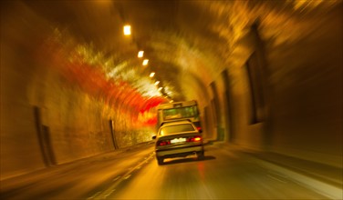 Hungary, Budapest, Castle Hill, Cars driving through tunnel. Photo : DKAR Images