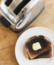 Burnt toasts on plate.