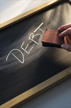 Close up of woman's hand over chalk board.