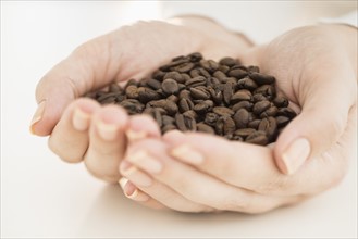 Coffee beans on woman's hand.