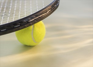 Studio Shot of tennis racket with ball. Photo: Daniel Grill