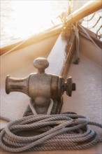 Rope coiled on yacht bow in sunset light. Photo: Daniel Grill