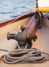 Rope coiled on yacht bow . Photo: Daniel Grill