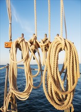 Coiled ropes on yacht deck. Photo: Daniel Grill
