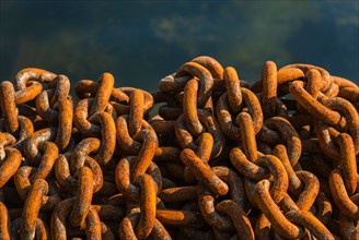 Rusty chains in harbor.