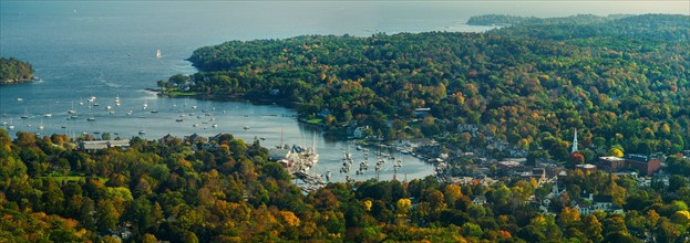 View of coastline with bay and harbor. Camden, Maine.