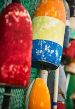 Close-up of colorful lobster buoys. Maine.