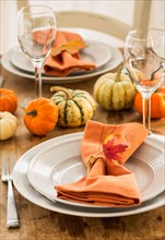 Table setting with small pumpkins.