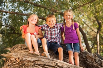 Three kids (4-5, 6-7) sitting together on tree branch