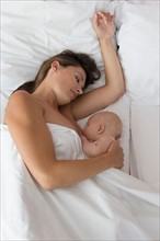 Mother breastfeeding baby daughter (6-11 months) in bed
