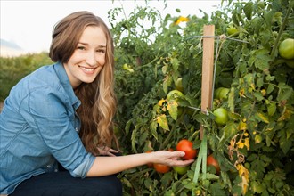 Portrait of young woman harvesting tomatoes. Photo : Jessica Peterson