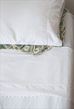 Dollar bills stacked under pillow