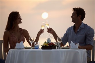 Couple at table on beach, toasting