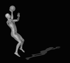 Digitally generated image of human representation playing basketball