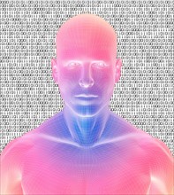 Digitally generated male figure against binary code background